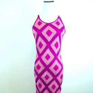 KROSHETTA  PAPILLON Dress crochet knit pink geometric midi sleeveless slip S
